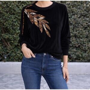 Vintage Velour Pullover Black Brown Leaf 1980s Grandmacore